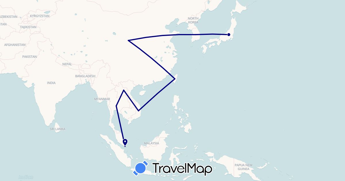 TravelMap itinerary: driving in China, Japan, South Korea, Laos, Singapore, Thailand, Taiwan, Vietnam (Asia)